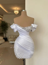 White Satin Off-Shoulder Pleated Mini Prom Party Dress with Pearls